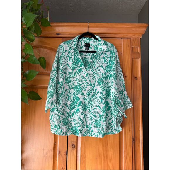 Nicole Miller Tropical 100% Linen Pul Over Top 3/4 slve Tunic Top Blouse SZ 1X - Picture 2 of 9